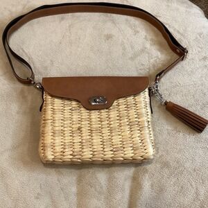 Seagrass Beige Square‎ woven small crossbody purse, brown faux leather strap